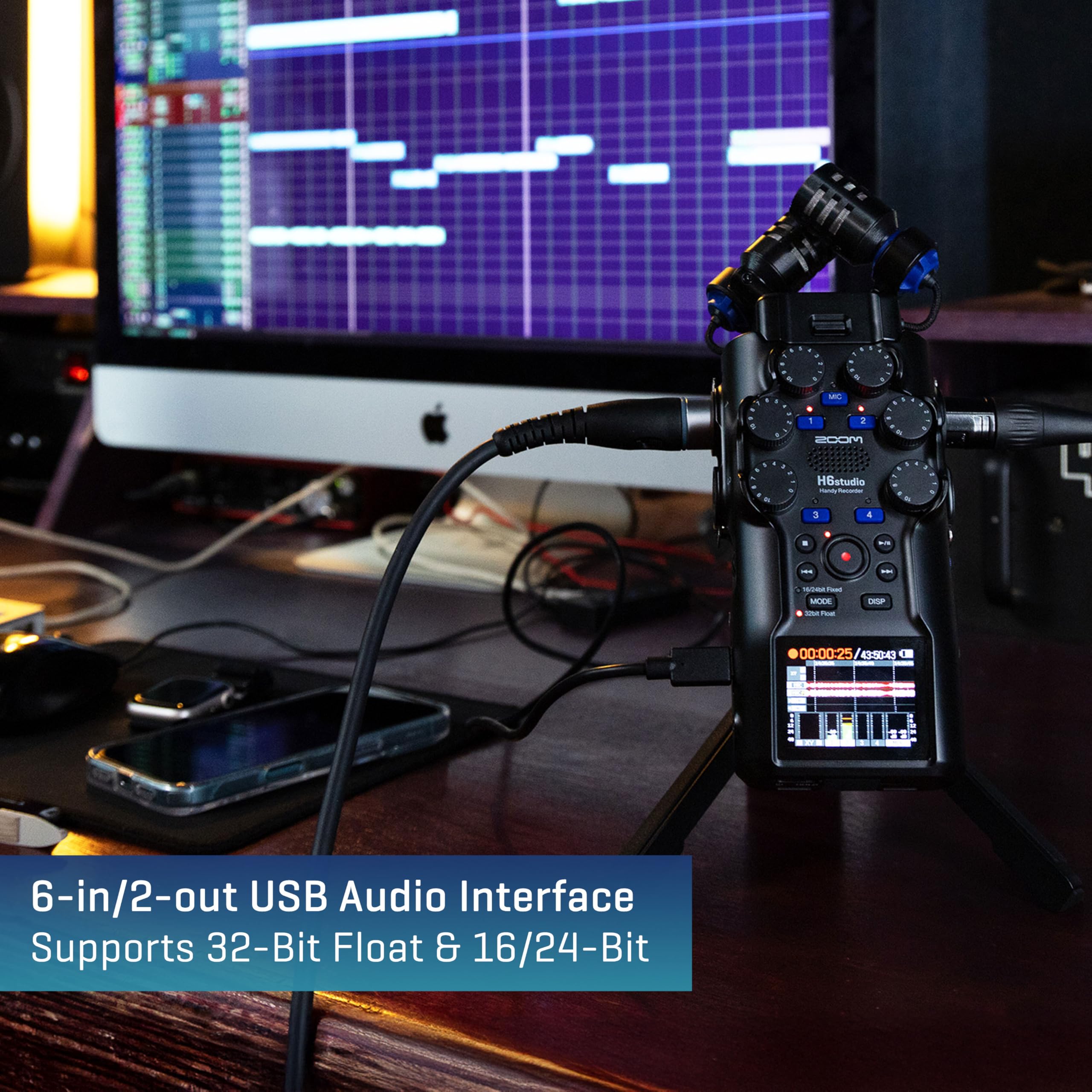 Zoom H6 Studio Handheld Recorder for Musicians, Filmmakers & Podcasters with Large Stereo Microphones, 4 Pro Quality Preamps, 8 Tracks of Recording, 32-Bit Float, Gain Knobs, and USB Audio Interface - Image 6